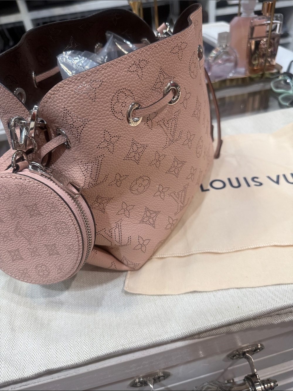 Louis Vuitton BELLA Blush Pink Bucket Bag with Coin Pouch